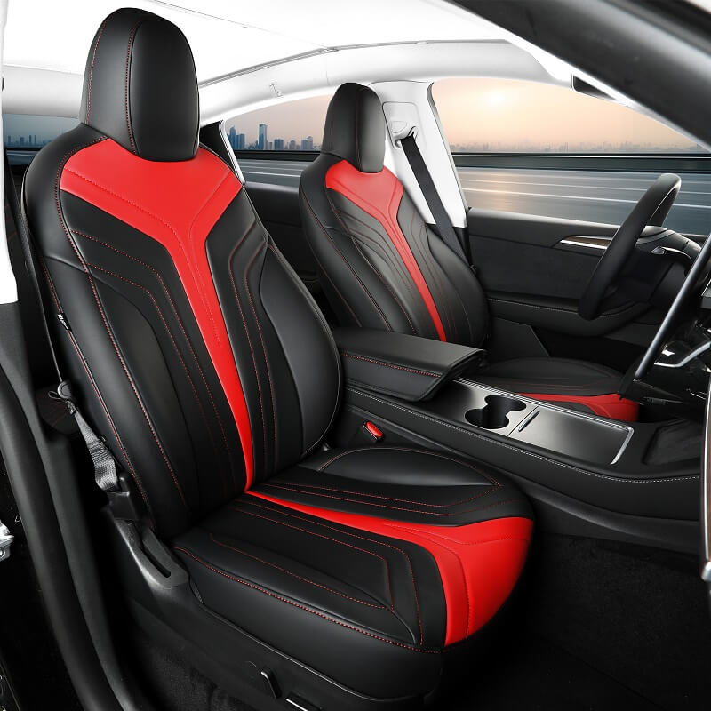 Tesla Model Y Black Red Nappa Leather Seat Covers – FREESOO