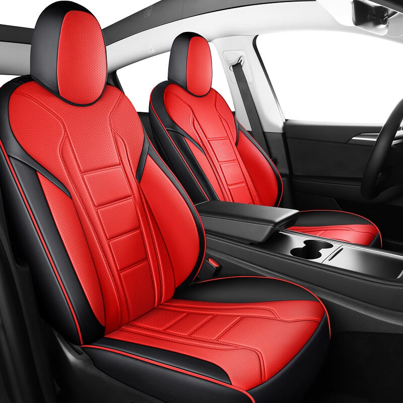 Tesla Model Y Black Red Leather Seat Covers